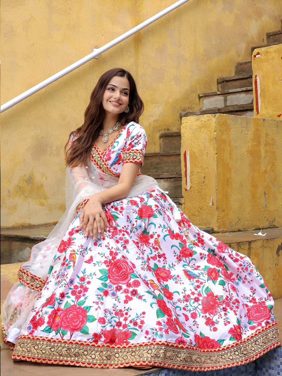 ResellerMart Bollywood Style White Lehenga with Heavy Border Work | Latest Floral Collection