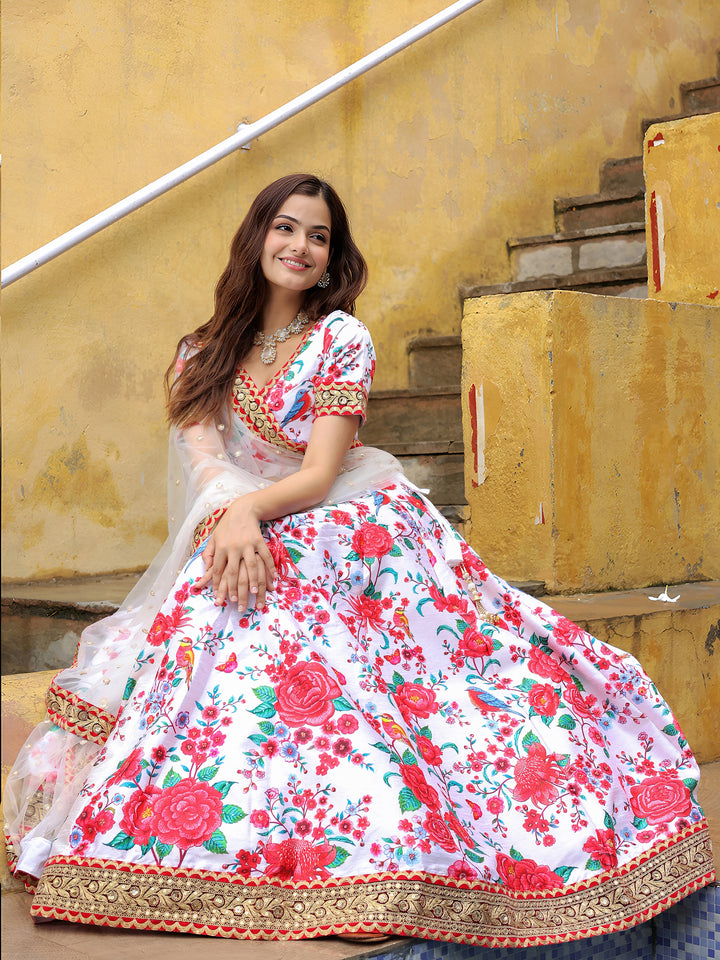 ResellerMart Bollywood Style White Lehenga with Heavy Border Work | Latest Floral Collection