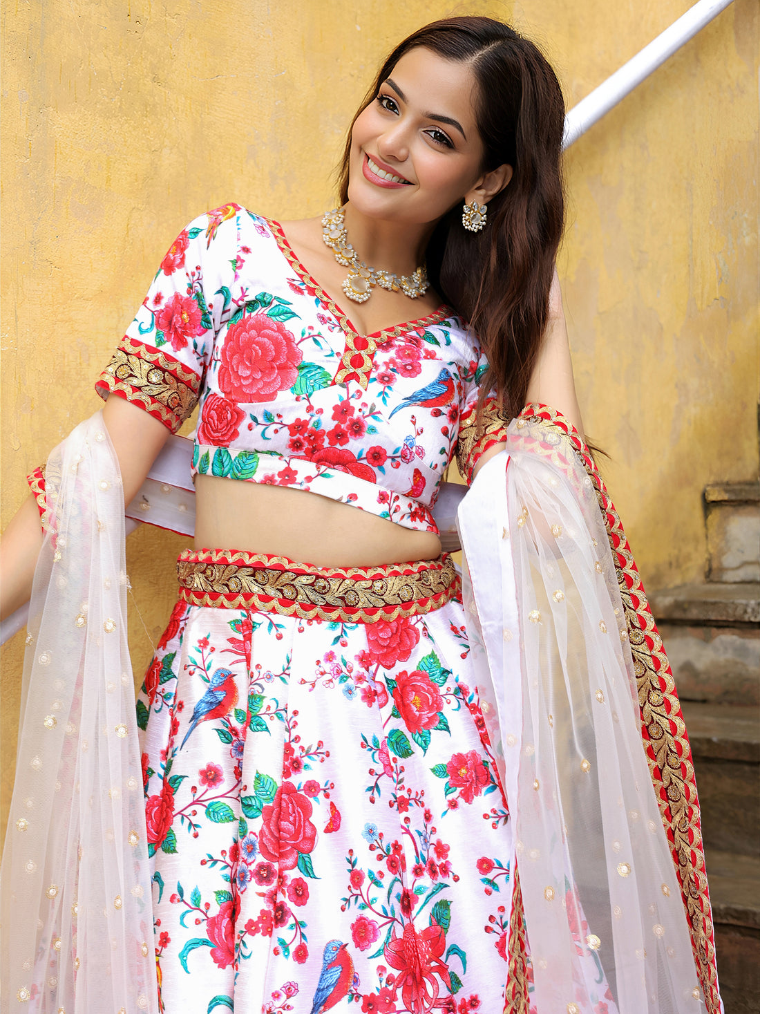 ResellerMart Bollywood Style White Lehenga with Heavy Border Work | Latest Floral Collection