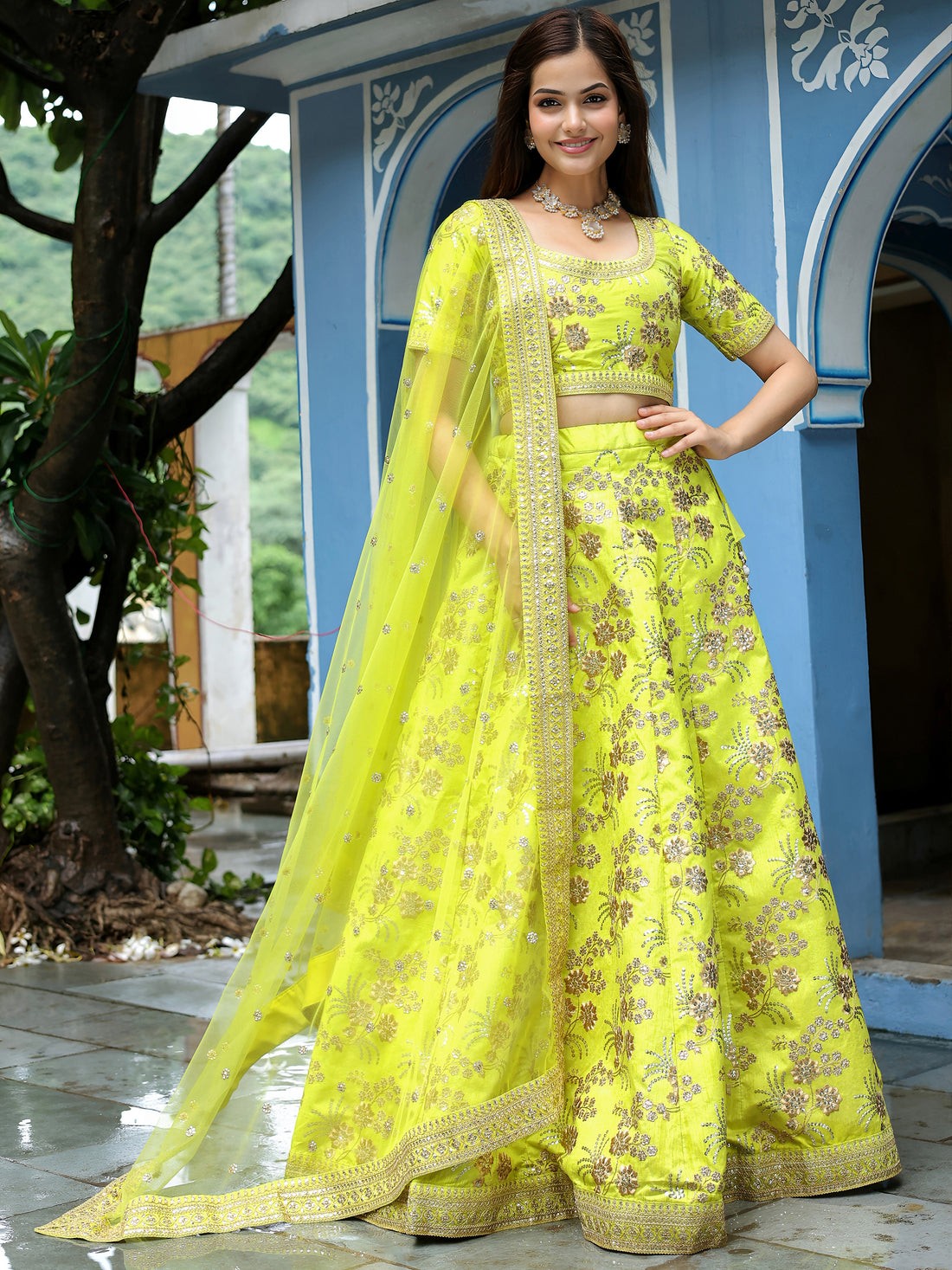 ResellerMart Trending Lime Yellow Lehenga Set with Heavy Sequins | Bold Summer Festive Attire