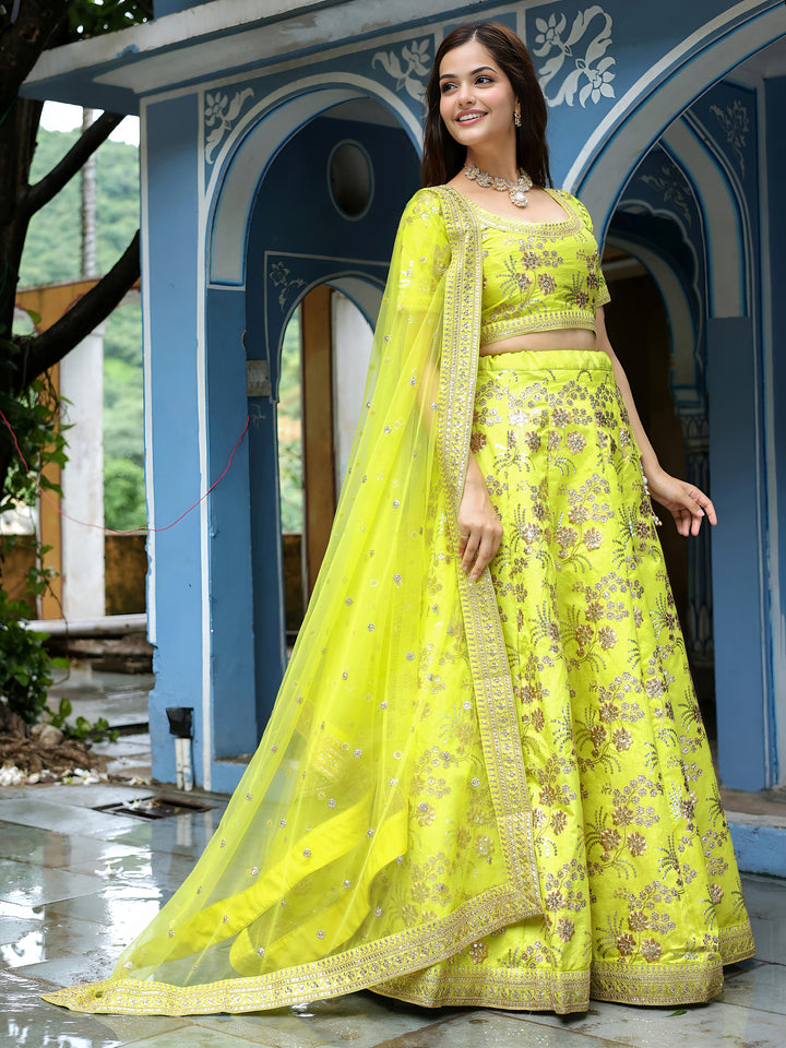 ResellerMart Trending Lime Yellow Lehenga Set with Heavy Sequins | Bold Summer Festive Attire