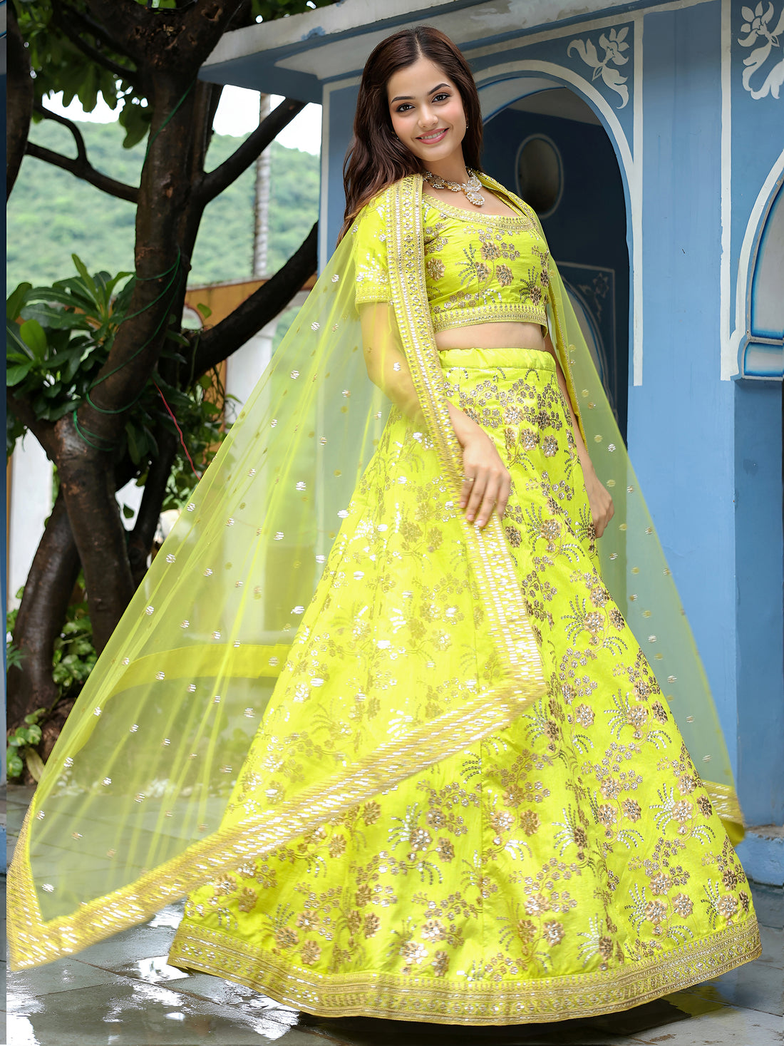 ResellerMart Trending Lime Yellow Lehenga Set with Heavy Sequins | Bold Summer Festive Attire
