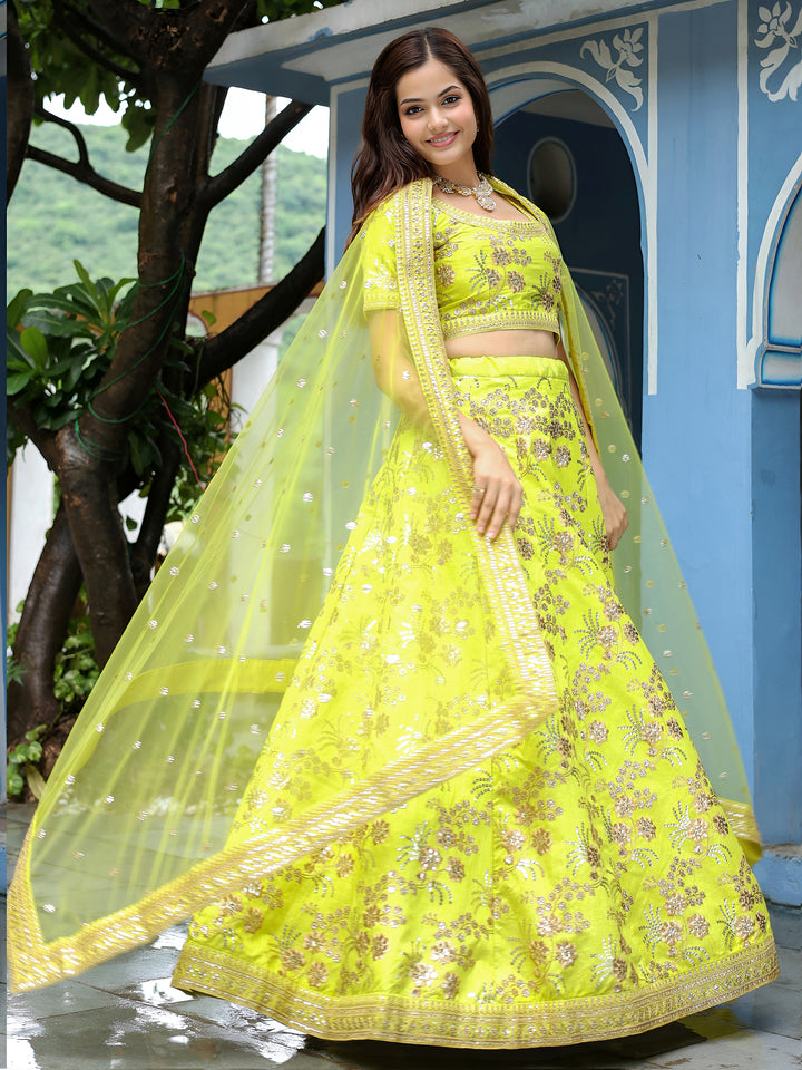 ResellerMart Trending Lime Yellow Lehenga Set with Heavy Sequins | Bold Summer Festive Attire