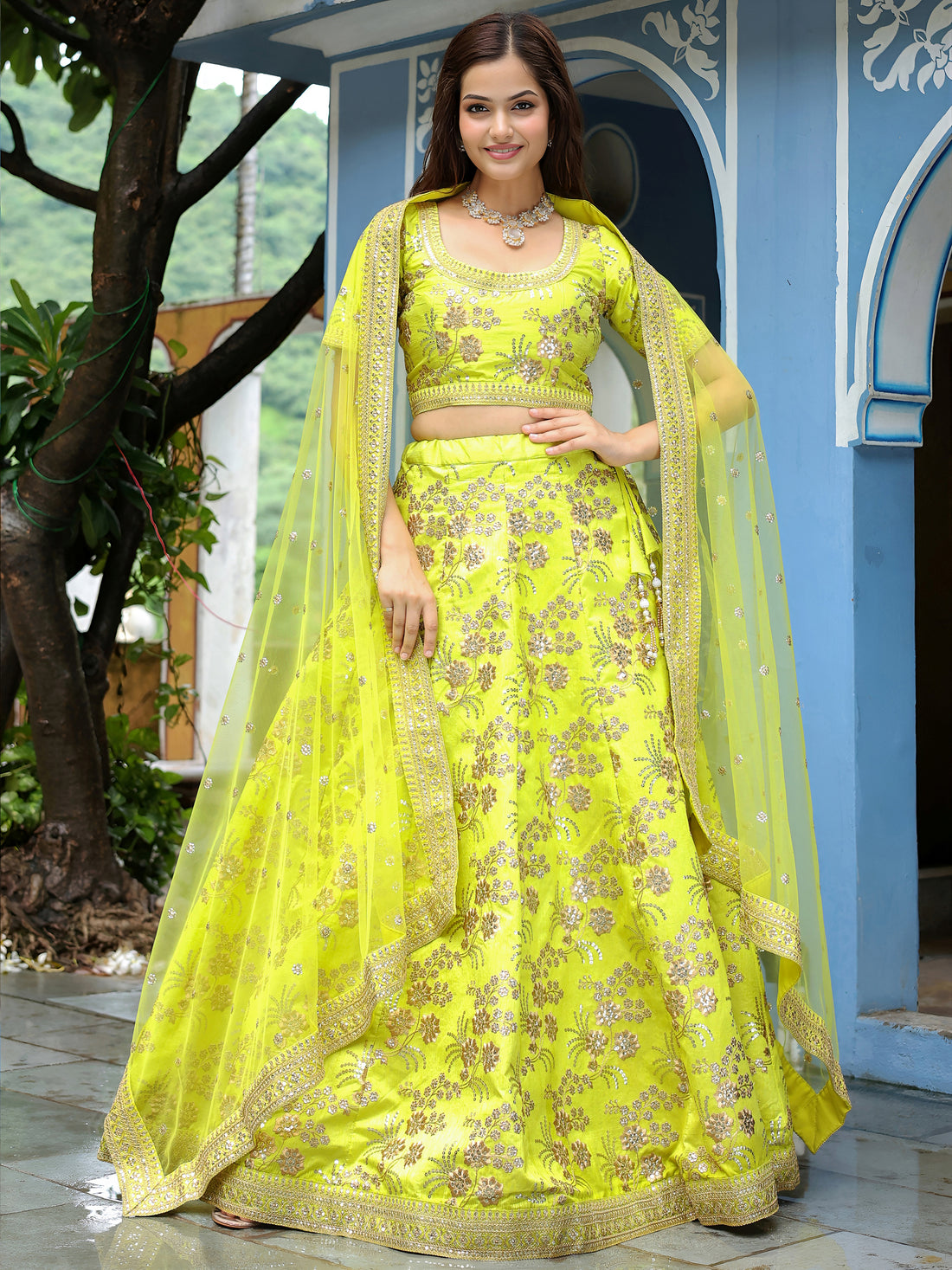 ResellerMart Trending Lime Yellow Lehenga Set with Heavy Sequins | Bold Summer Festive Attire