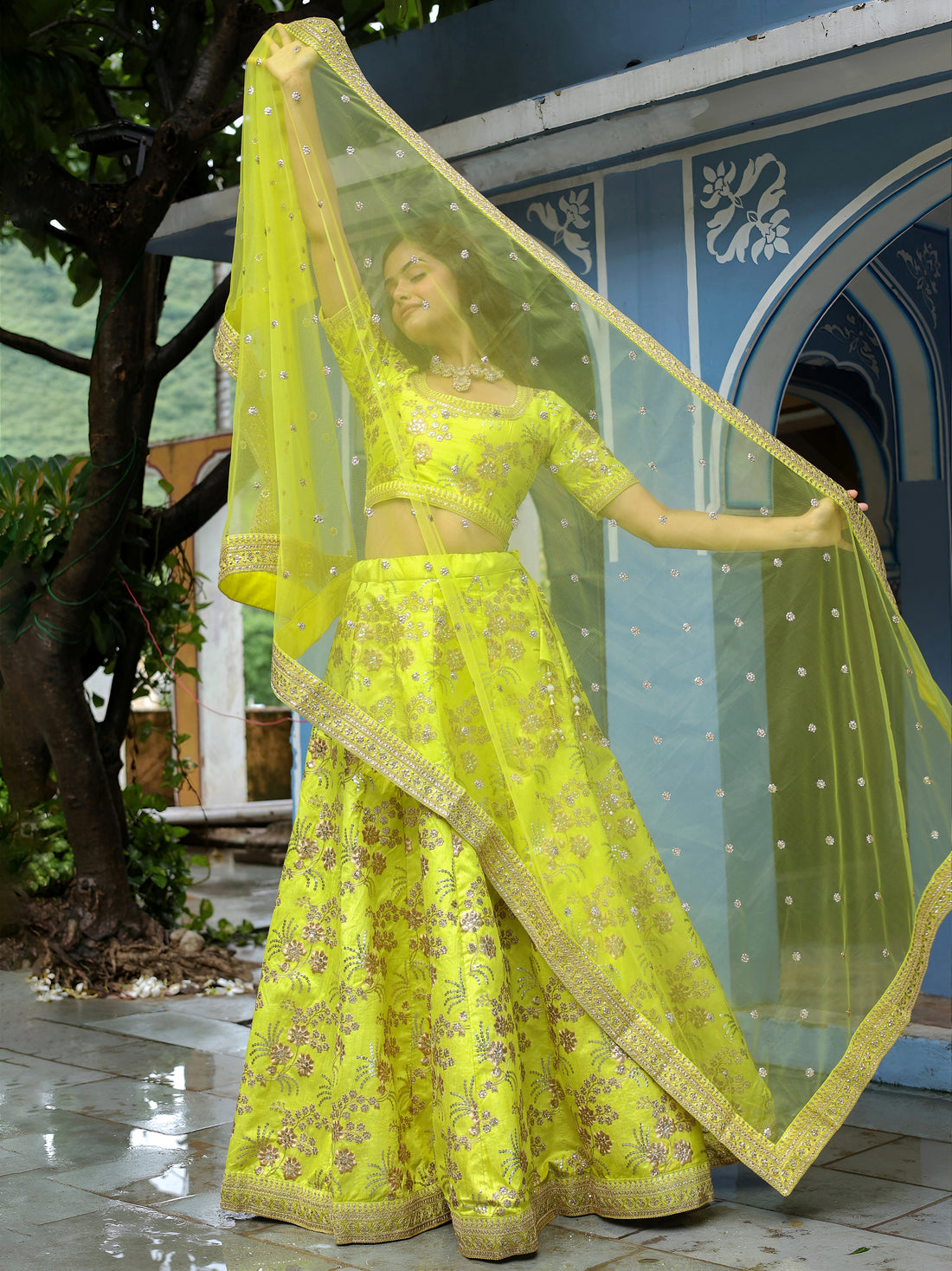 ResellerMart Trending Lime Yellow Lehenga Set with Heavy Sequins | Bold Summer Festive Attire