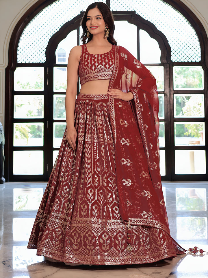 ResellerMart Designer Burgundy Lehenga Choli with Heavy Gold Print Work | Wedding & Sangeet Attire