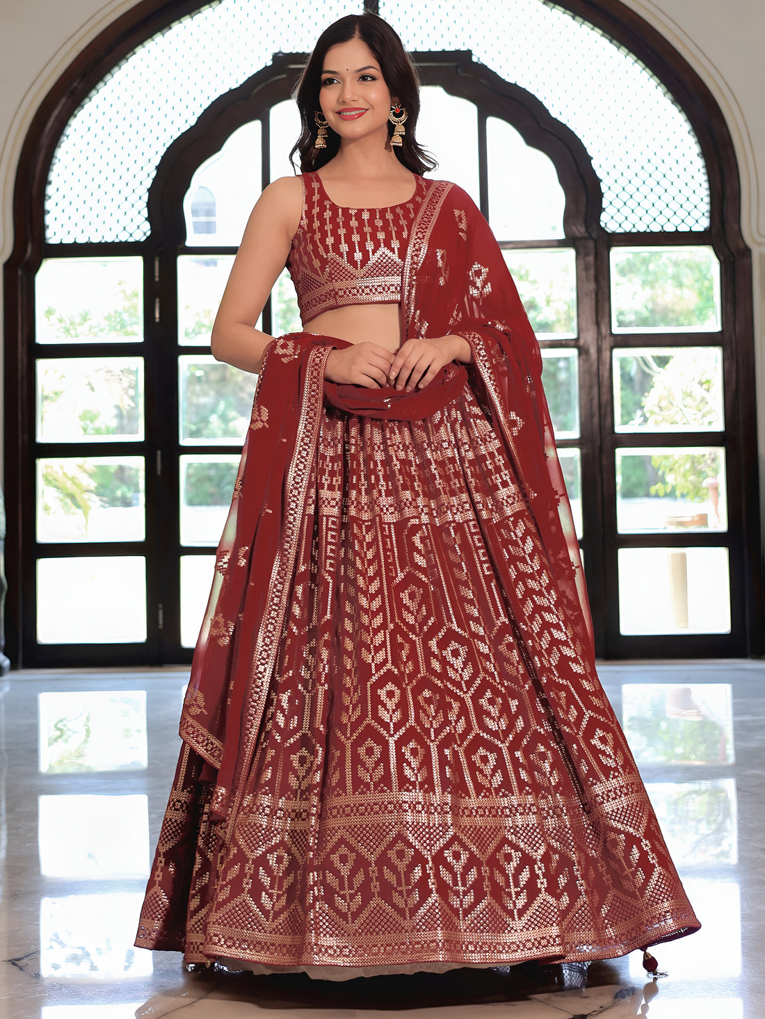 ResellerMart Designer Burgundy Lehenga Choli with Heavy Gold Print Work | Wedding & Sangeet Attire