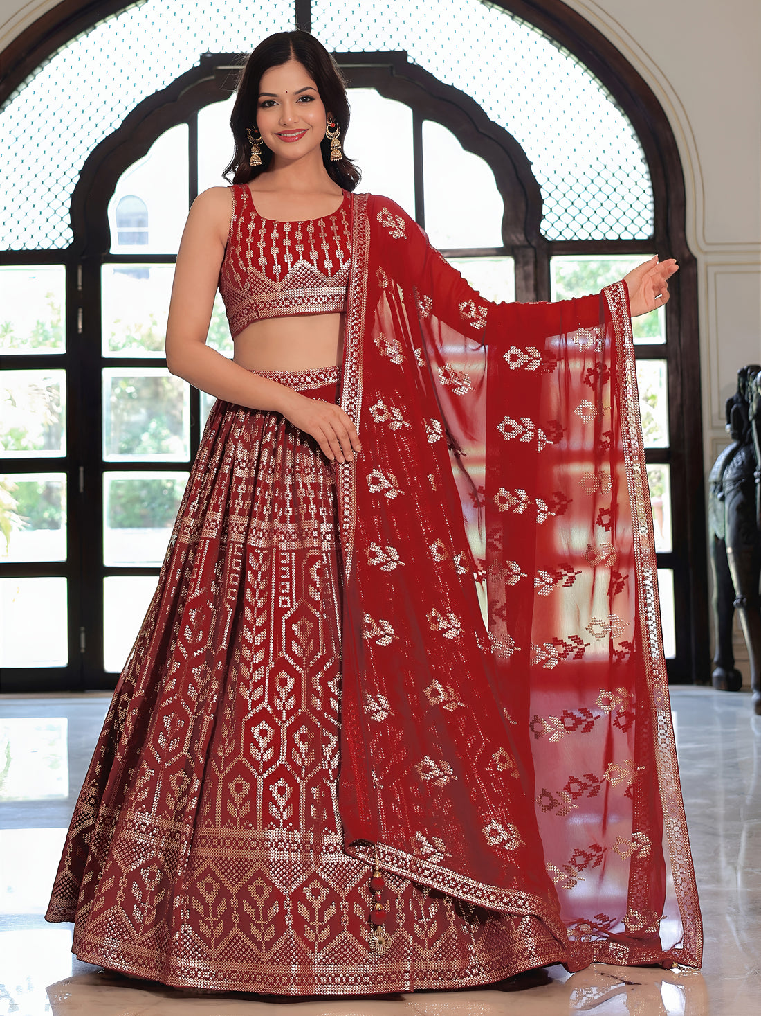 ResellerMart Designer Burgundy Lehenga Choli with Heavy Gold Print Work | Wedding & Sangeet Attire
