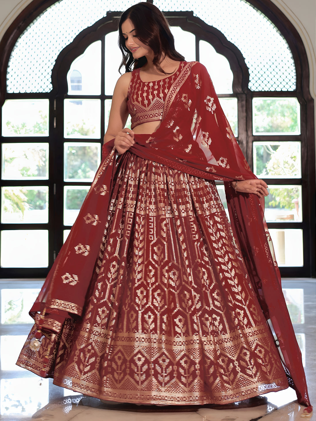 ResellerMart Designer Burgundy Lehenga Choli with Heavy Gold Print Work | Wedding & Sangeet Attire