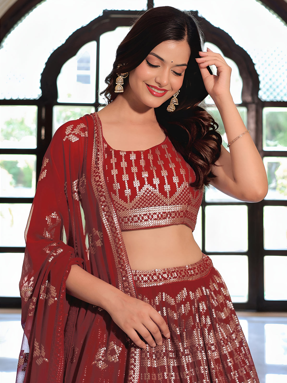 ResellerMart Designer Burgundy Lehenga Choli with Heavy Gold Print Work | Wedding & Sangeet Attire
