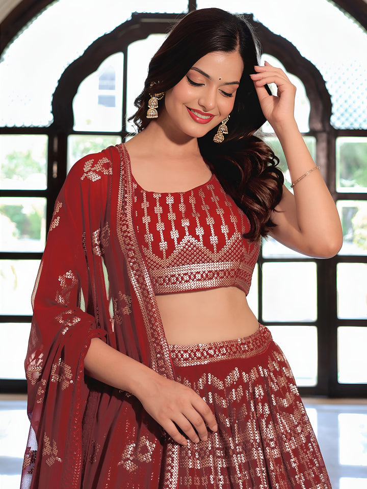 ResellerMart Designer Burgundy Lehenga Choli with Heavy Gold Print Work | Wedding & Sangeet Attire