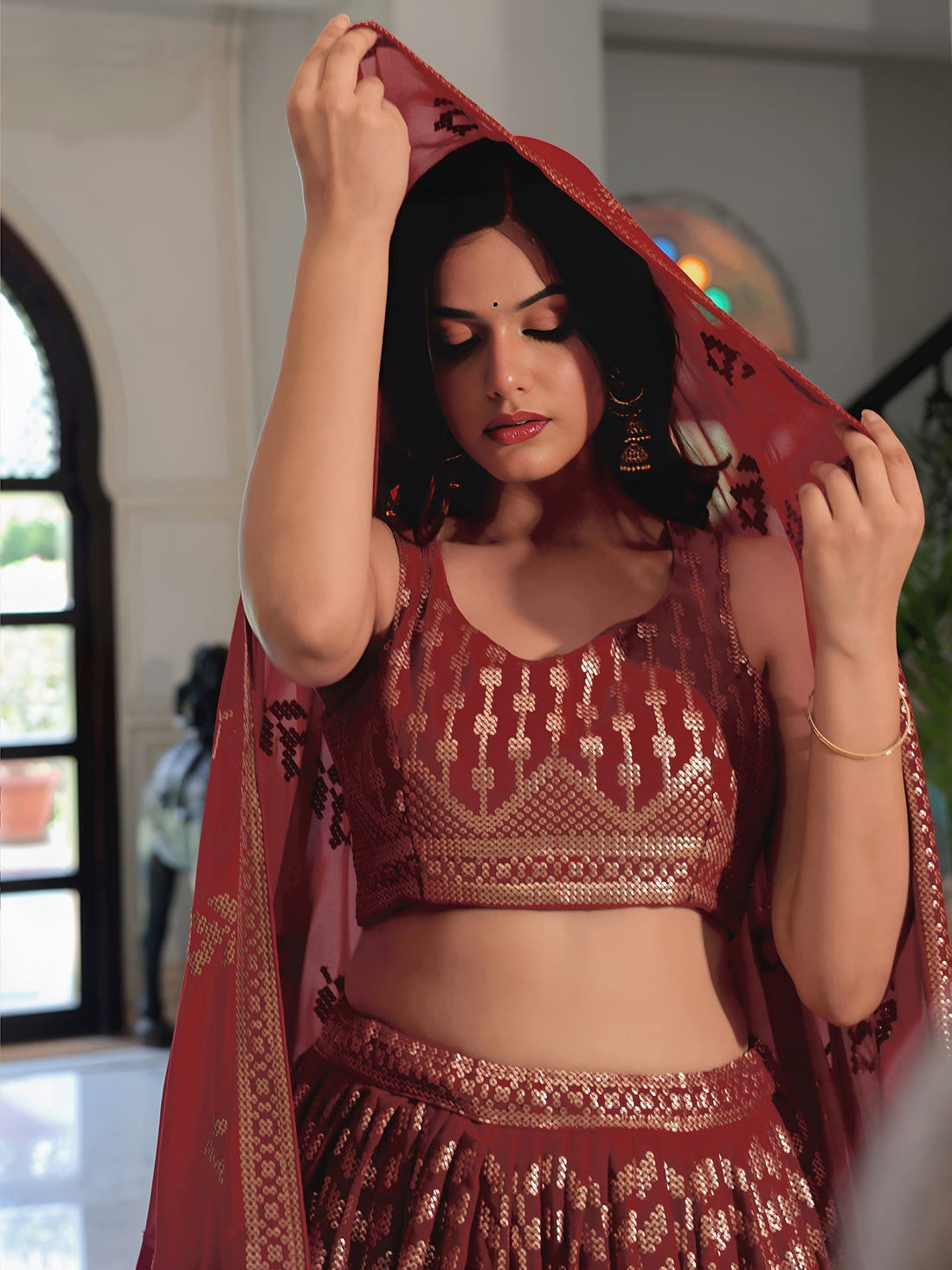 ResellerMart Designer Burgundy Lehenga Choli with Heavy Gold Print Work | Wedding & Sangeet Attire