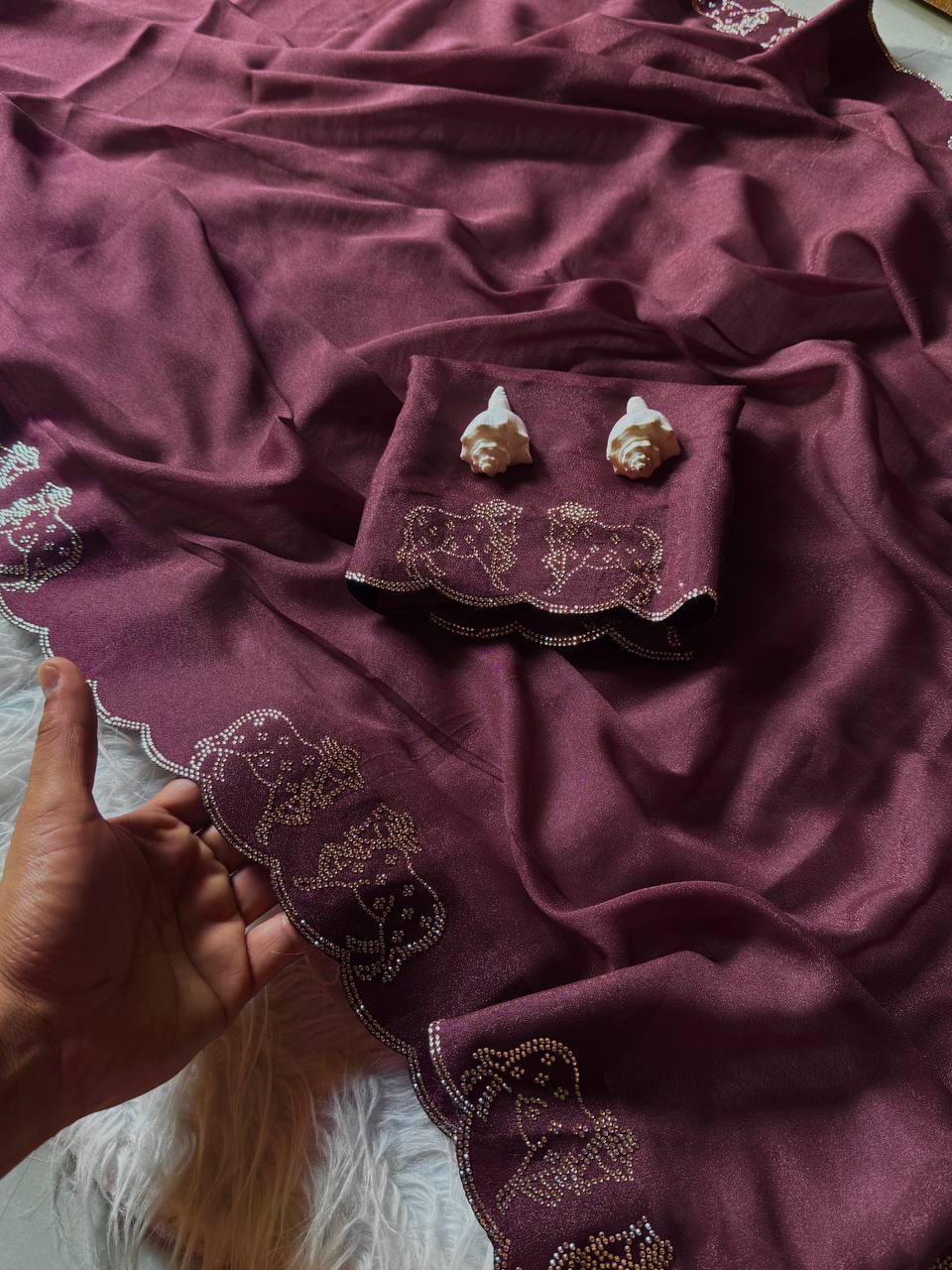 ResellerMart Designer Maroon Saree with Scallop Work Border | Luxury Festive & Evening Drape