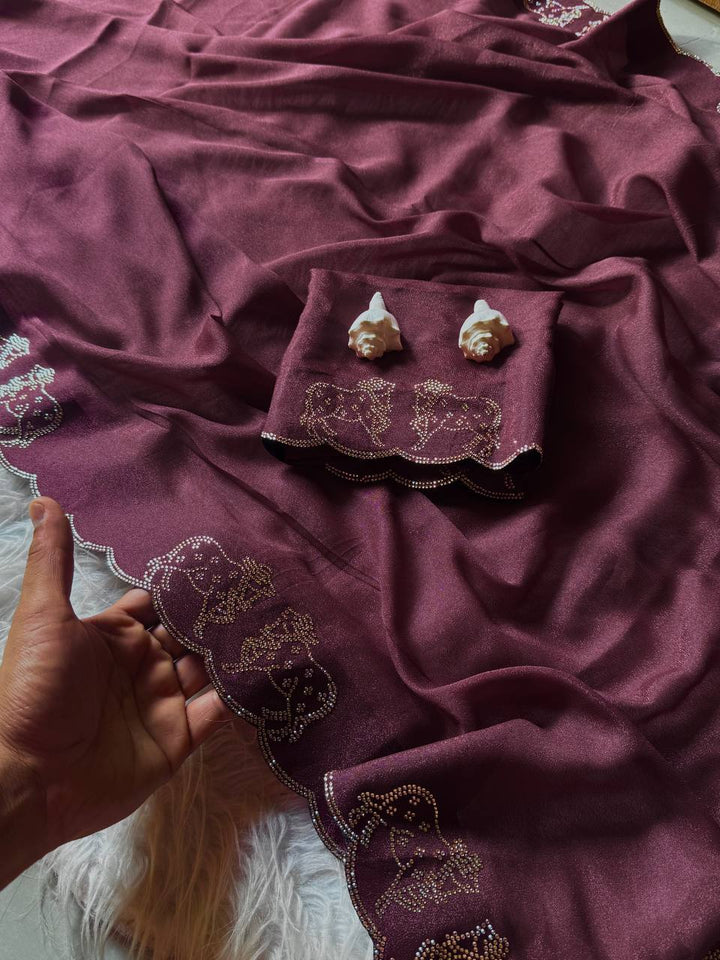ResellerMart Designer Maroon Saree with Scallop Work Border | Luxury Festive & Evening Drape