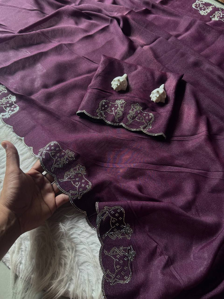 ResellerMart Designer Deep Maroon Saree with Scallop Work Border | Luxury Festive & Evening Drape