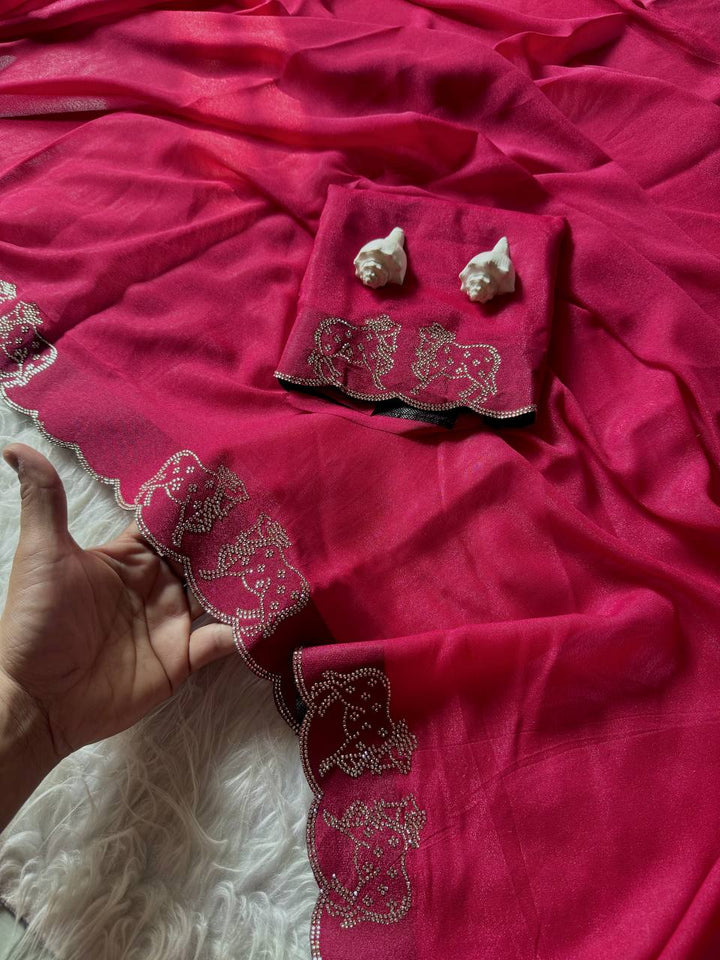ResellerMart Designer Pink Saree with Scallop Work Border | Luxury Festive & Evening Drape