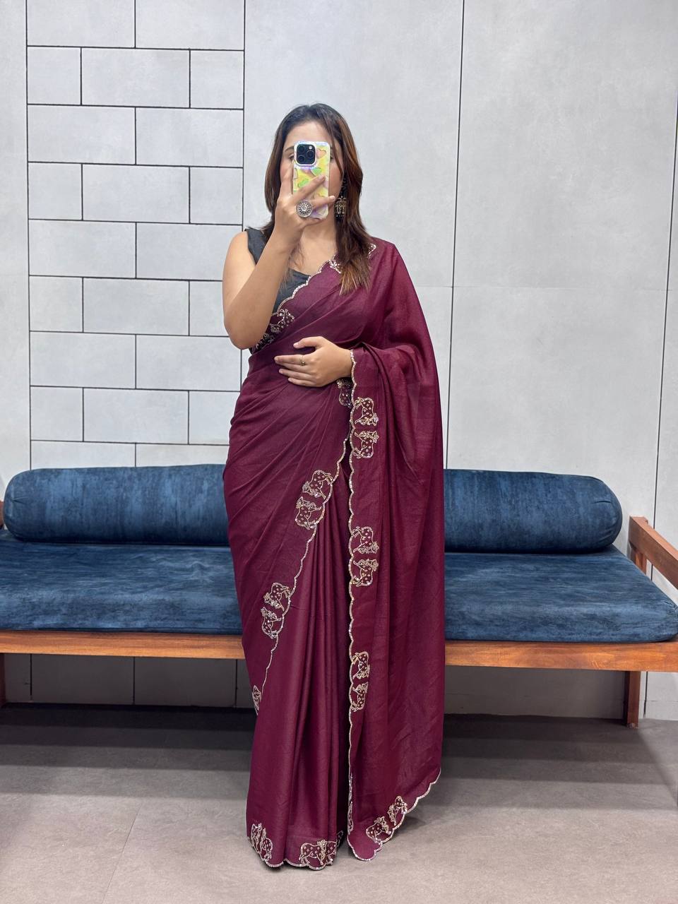 ResellerMart Designer Maroon Saree with Scallop Work Border | Luxury Festive & Evening Drape