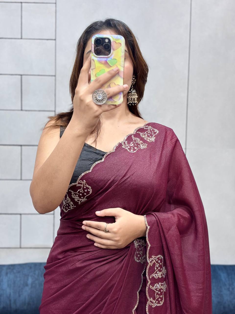 ResellerMart Designer Maroon Saree with Scallop Work Border | Luxury Festive & Evening Drape