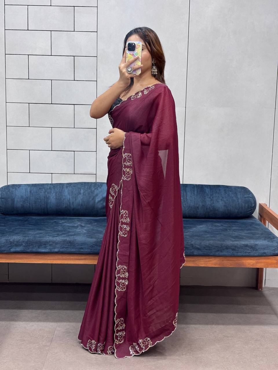 ResellerMart Designer Maroon Saree with Scallop Work Border | Luxury Festive & Evening Drape