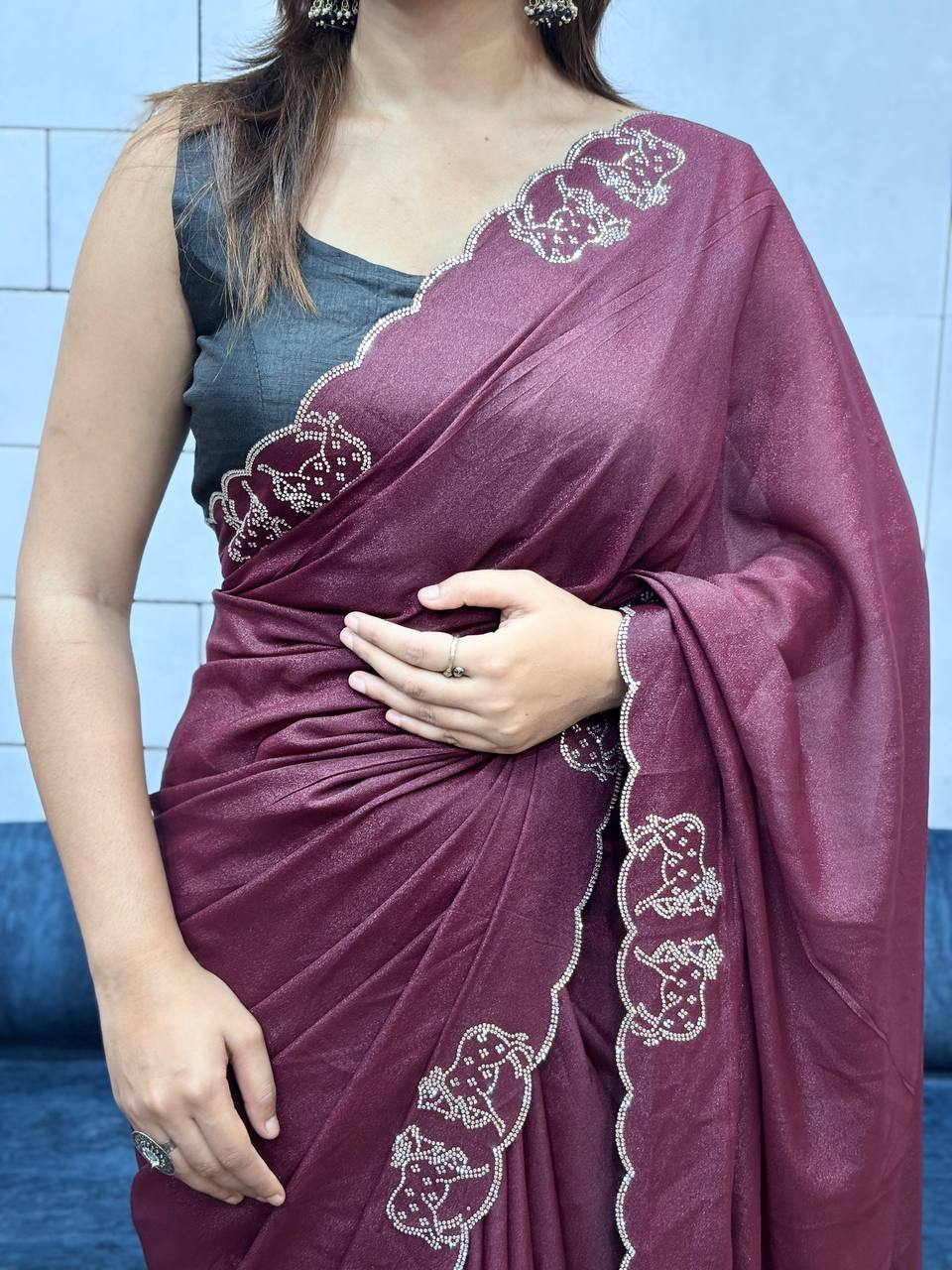 ResellerMart Designer Maroon Saree with Scallop Work Border | Luxury Festive & Evening Drape
