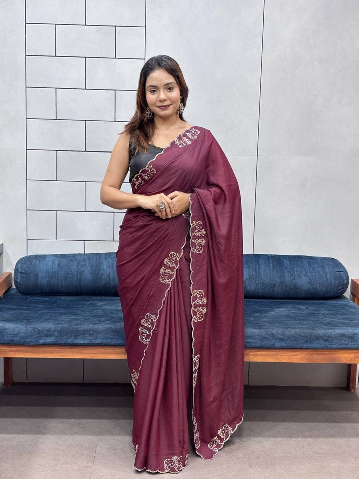 ResellerMart Designer Maroon Saree with Scallop Work Border | Luxury Festive & Evening Drape