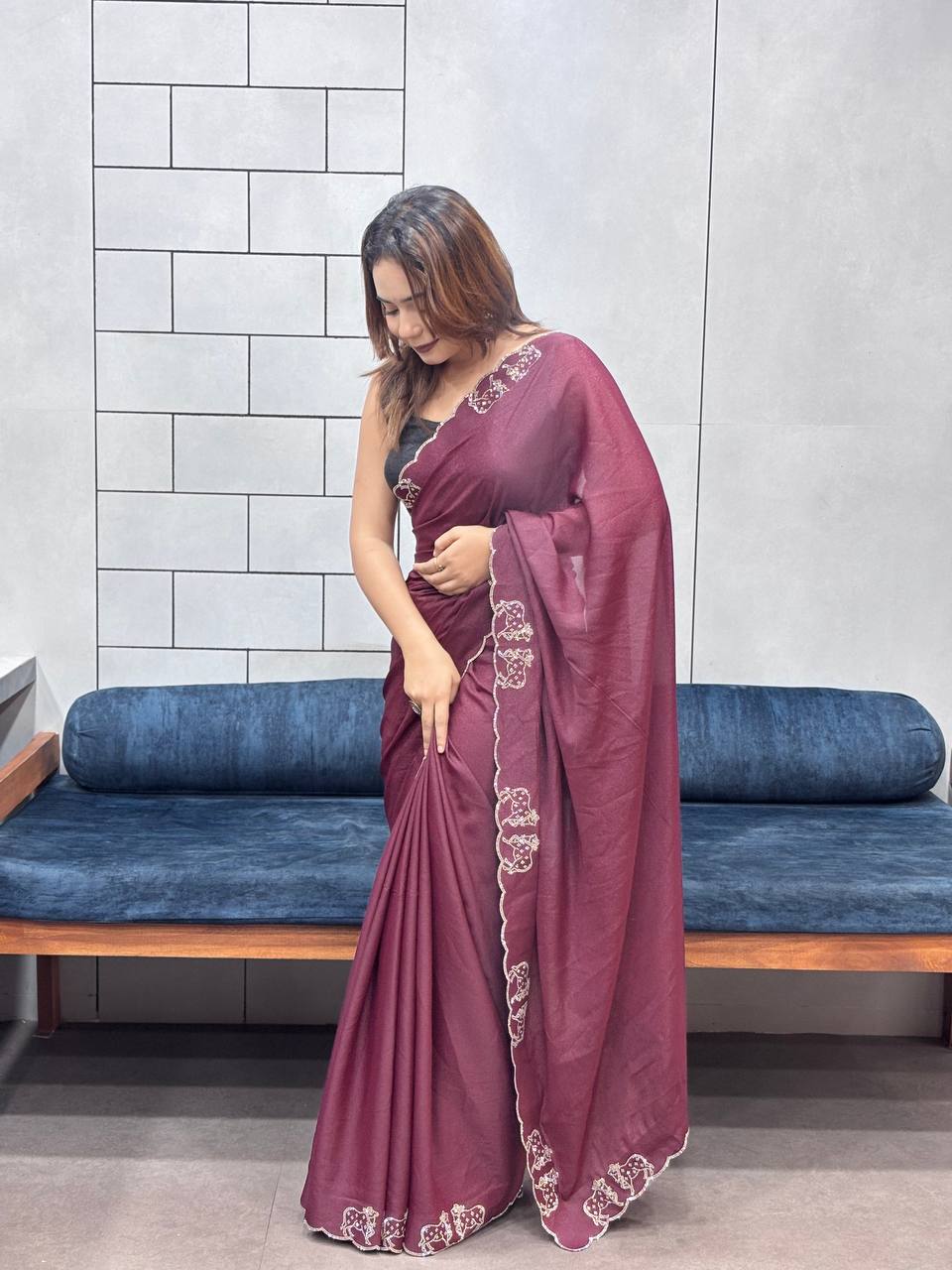 ResellerMart Designer Maroon Saree with Scallop Work Border | Luxury Festive & Evening Drape