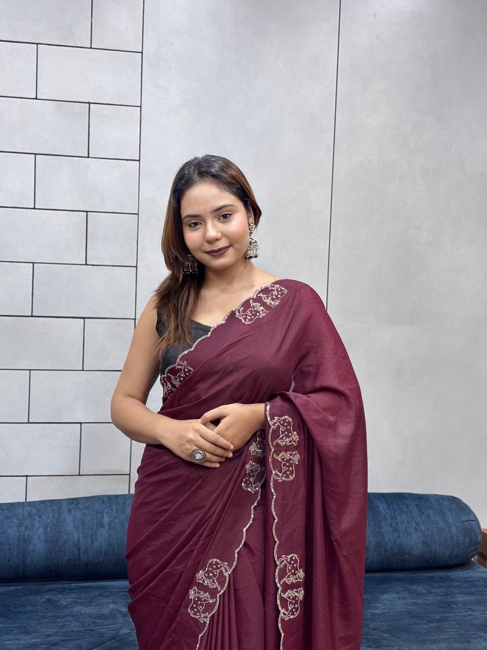 ResellerMart Designer Maroon Saree with Scallop Work Border | Luxury Festive & Evening Drape