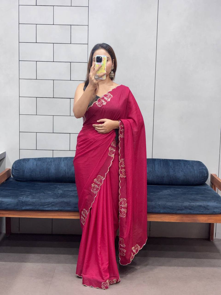 ResellerMart Designer Pink Saree with Scallop Work Border | Luxury Festive & Evening Drape