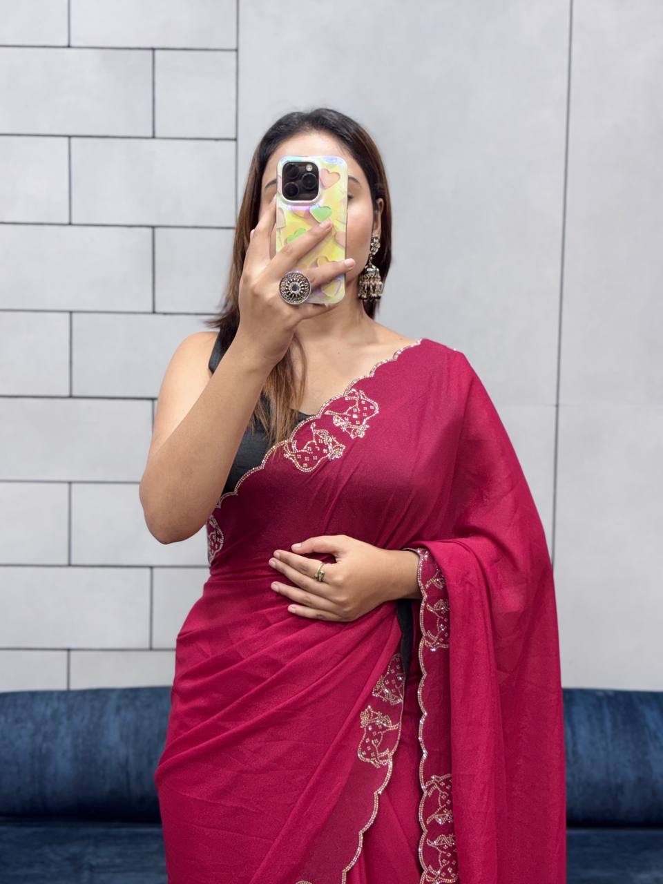 ResellerMart Designer Pink Saree with Scallop Work Border | Luxury Festive & Evening Drape