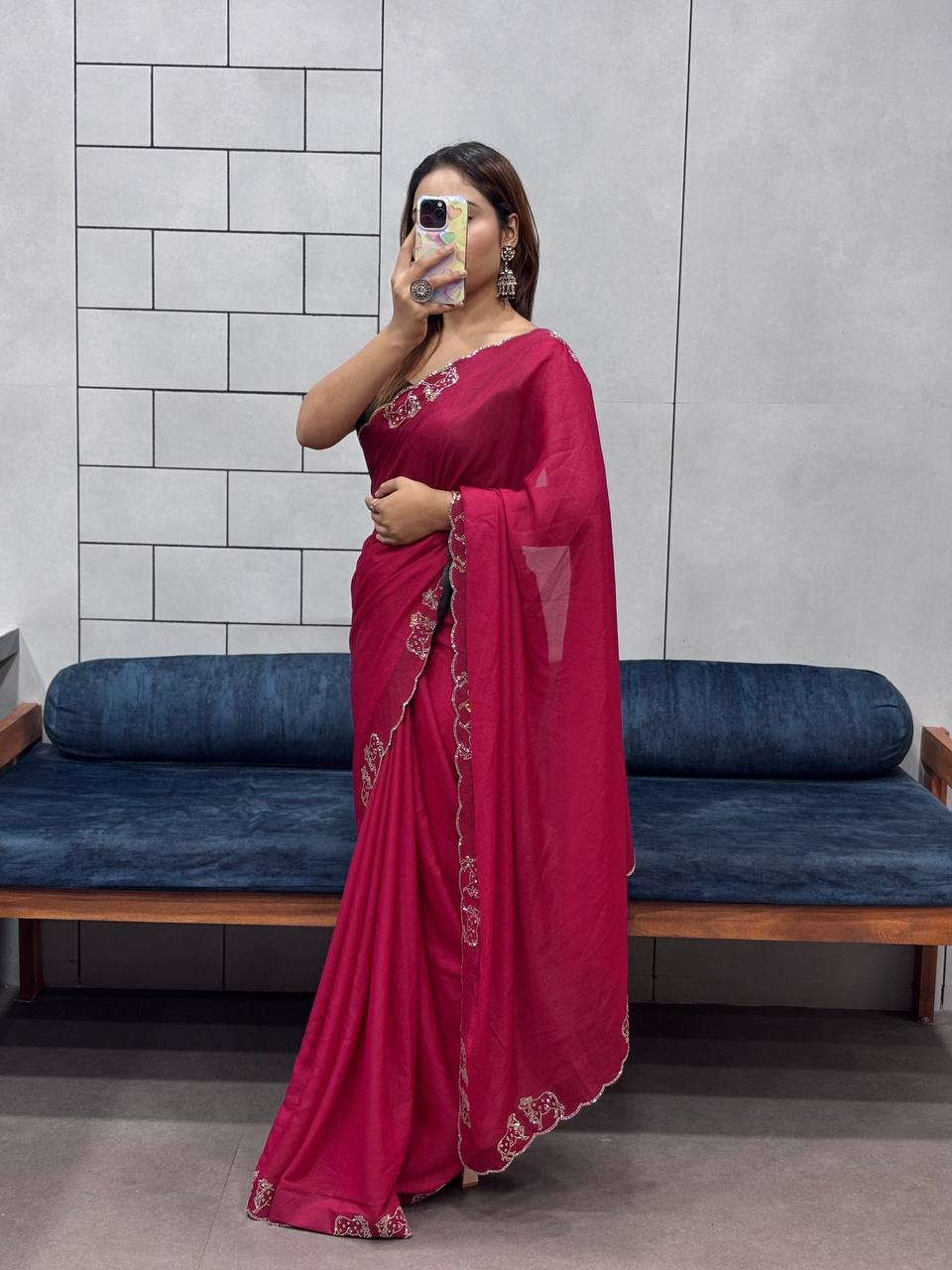 ResellerMart Designer Pink Saree with Scallop Work Border | Luxury Festive & Evening Drape