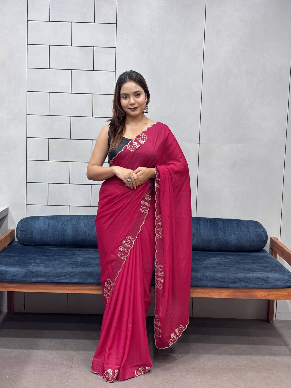ResellerMart Designer Pink Saree with Scallop Work Border | Luxury Festive & Evening Drape