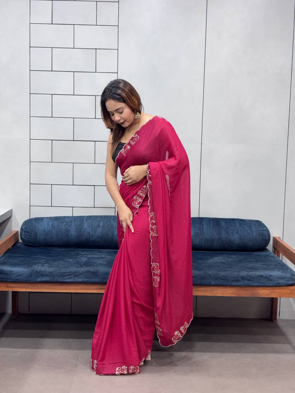 ResellerMart Designer Pink Saree with Scallop Work Border | Luxury Festive & Evening Drape