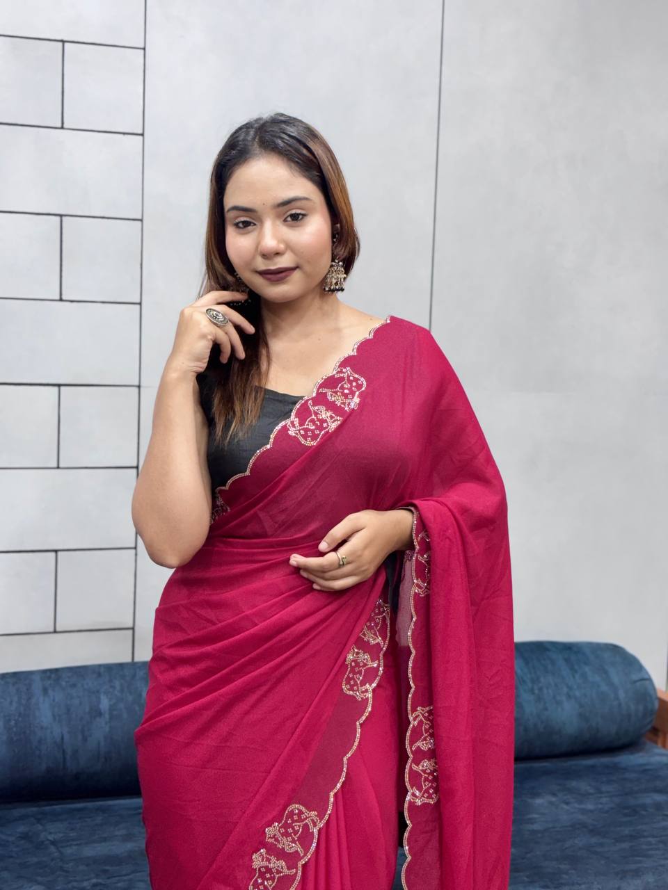 ResellerMart Designer Pink Saree with Scallop Work Border | Luxury Festive & Evening Drape