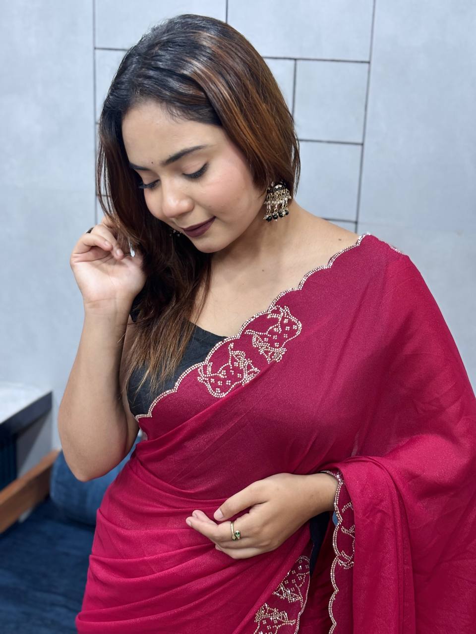 ResellerMart Designer Pink Saree with Scallop Work Border | Luxury Festive & Evening Drape