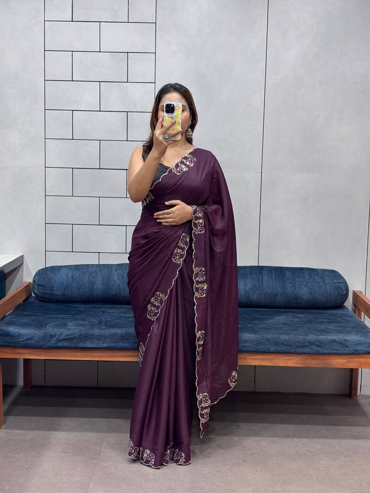 ResellerMart Designer Deep Maroon Saree with Scallop Work Border | Luxury Festive & Evening Drape