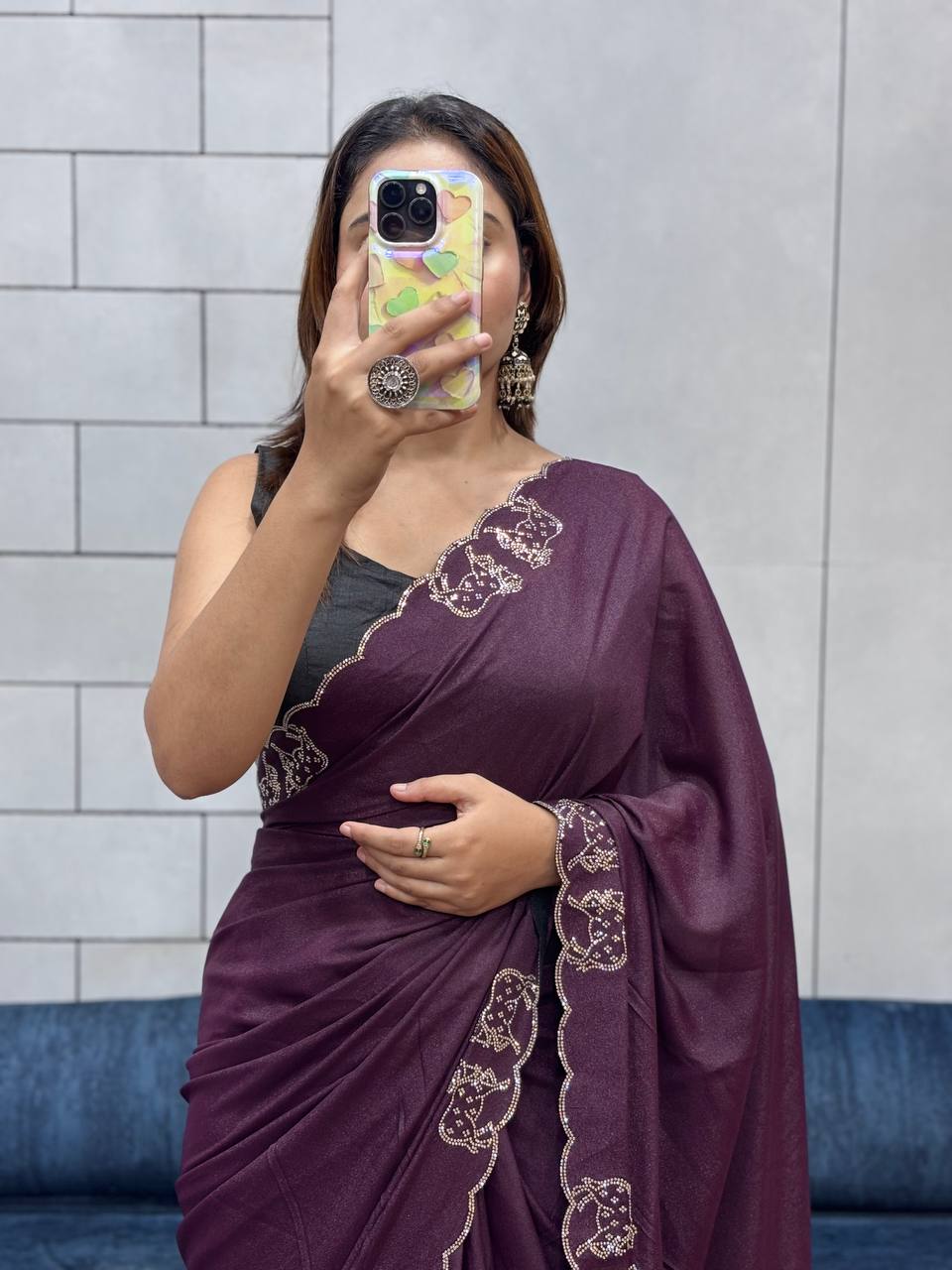 ResellerMart Designer Deep Maroon Saree with Scallop Work Border | Luxury Festive & Evening Drape