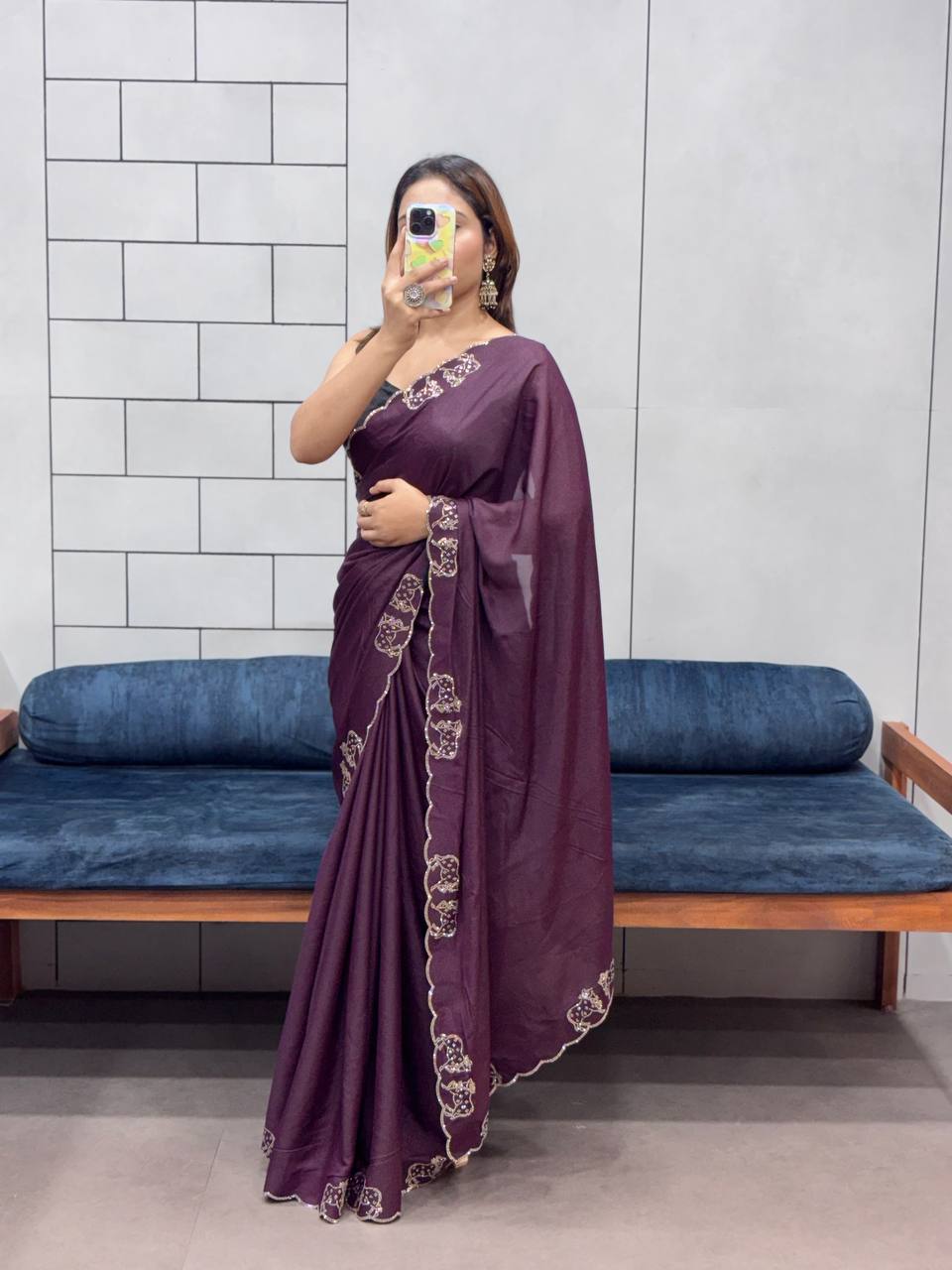 ResellerMart Designer Deep Maroon Saree with Scallop Work Border | Luxury Festive & Evening Drape