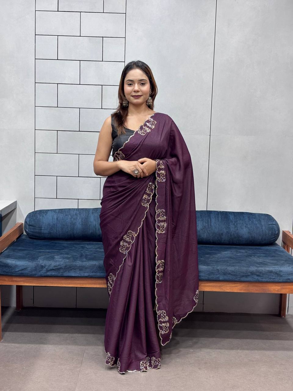 ResellerMart Designer Deep Maroon Saree with Scallop Work Border | Luxury Festive & Evening Drape