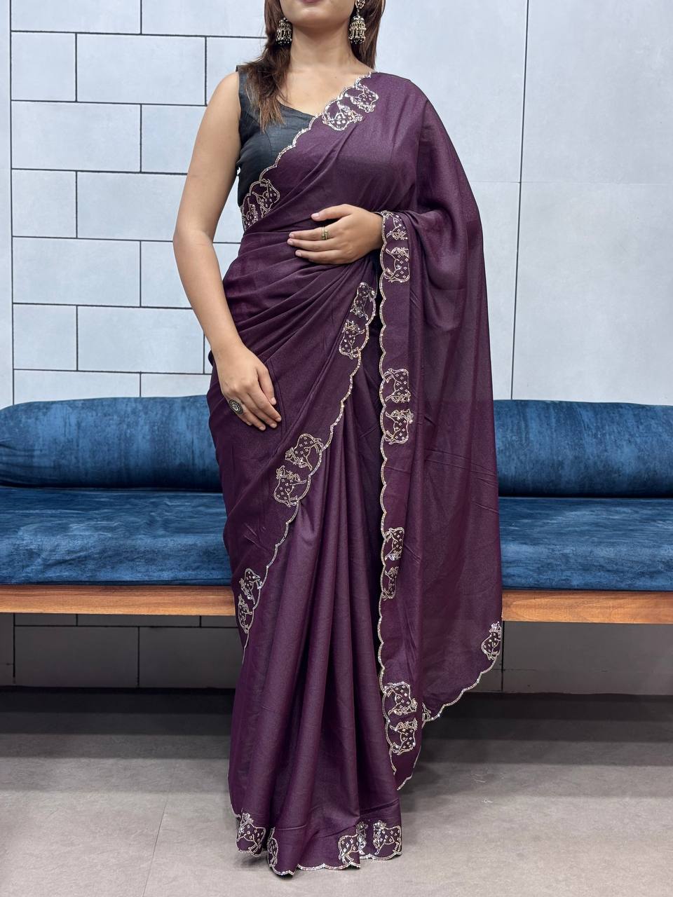 ResellerMart Designer Deep Maroon Saree with Scallop Work Border | Luxury Festive & Evening Drape