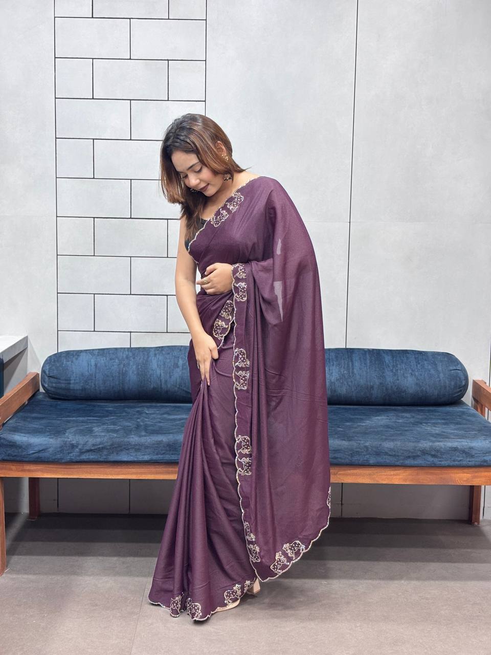 ResellerMart Designer Deep Maroon Saree with Scallop Work Border | Luxury Festive & Evening Drape