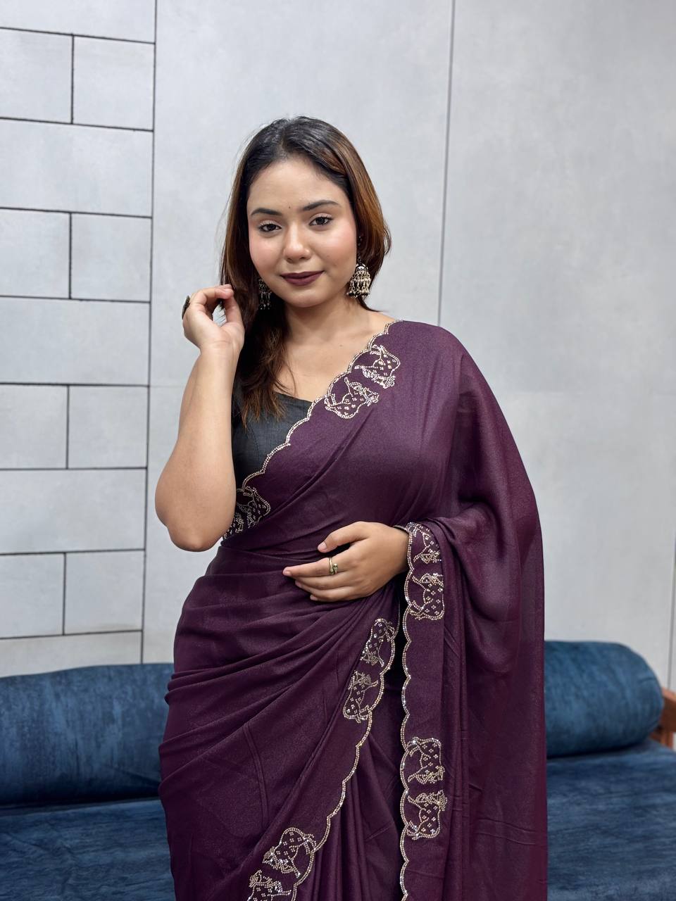 ResellerMart Designer Deep Maroon Saree with Scallop Work Border | Luxury Festive & Evening Drape