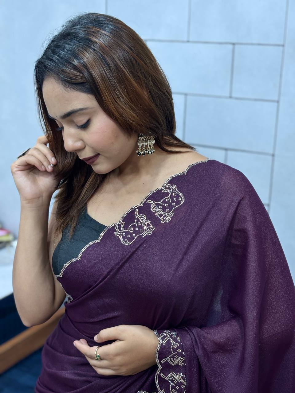 ResellerMart Designer Deep Maroon Saree with Scallop Work Border | Luxury Festive & Evening Drape