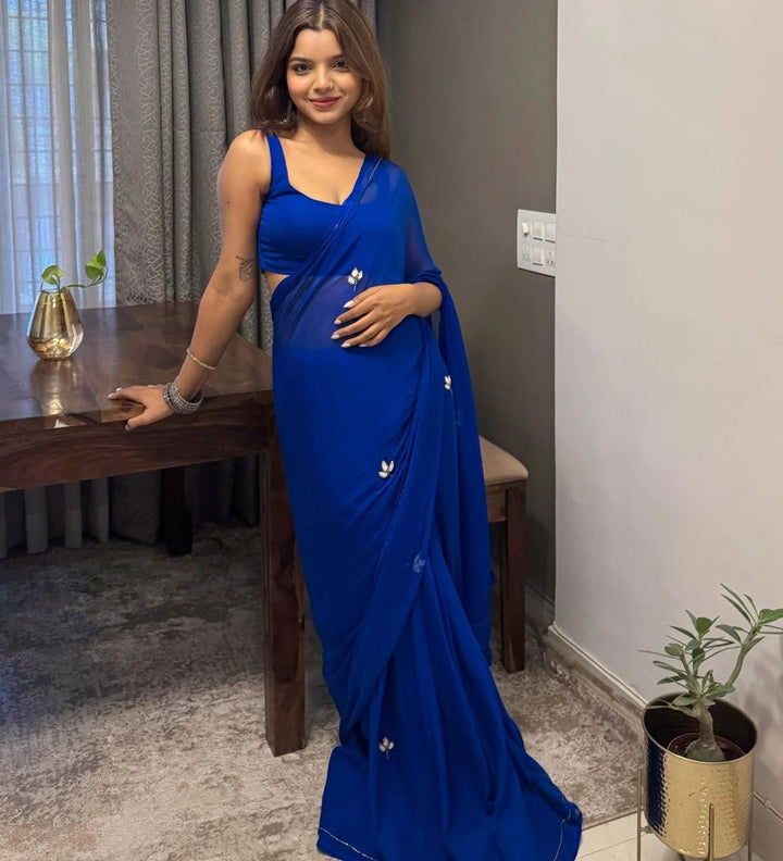 ResellerMart Vibrant Lightweight Blue Saree | Designer Bollywood Style Drape