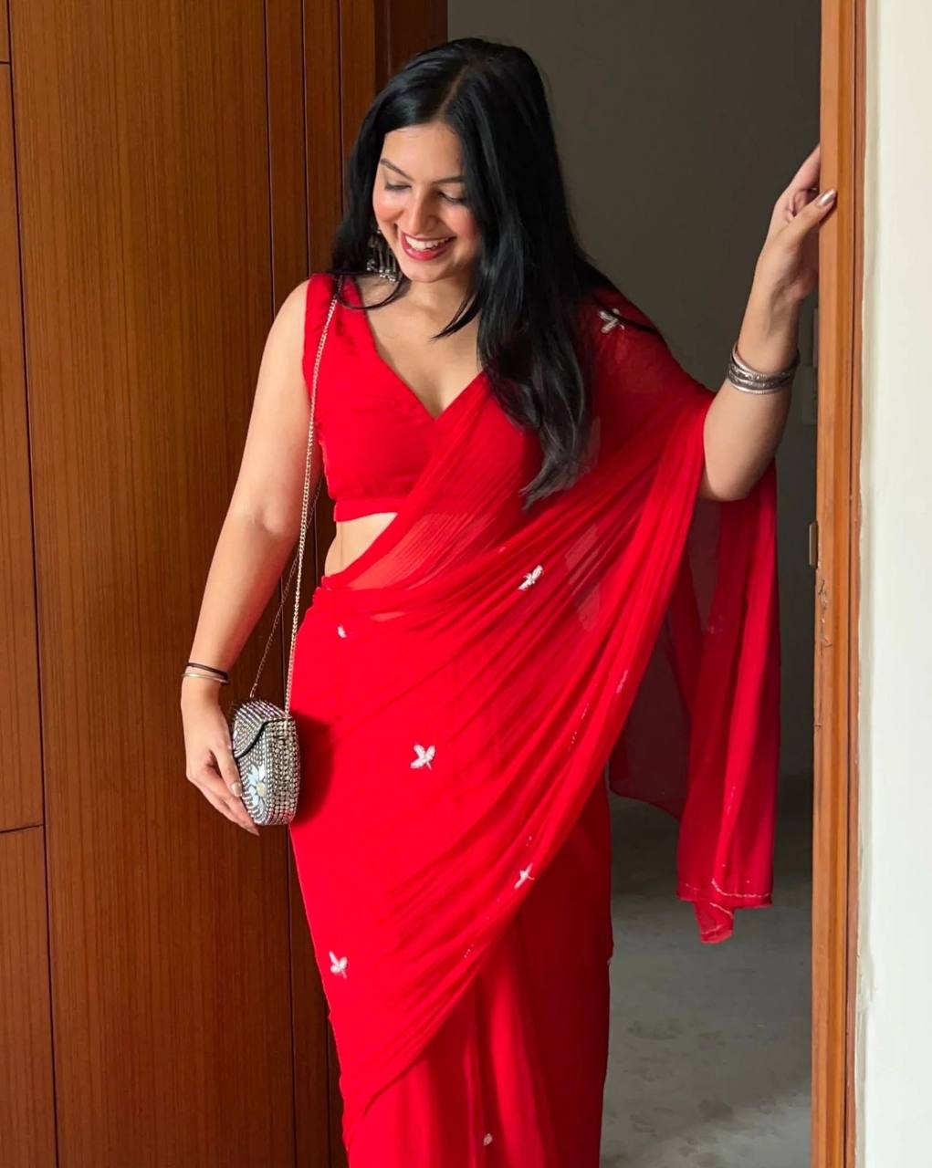 ResellerMart Vibrant Lightweight Red Saree | Designer Bollywood Style Drape