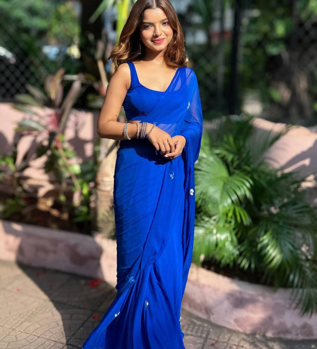 ResellerMart Vibrant Lightweight Blue Saree | Designer Bollywood Style Drape