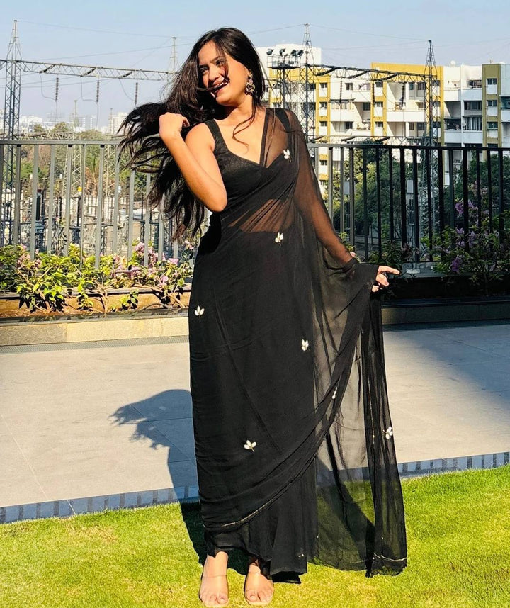 ResellerMart Vibrant Lightweight Black Saree | Designer Bollywood Style Drape