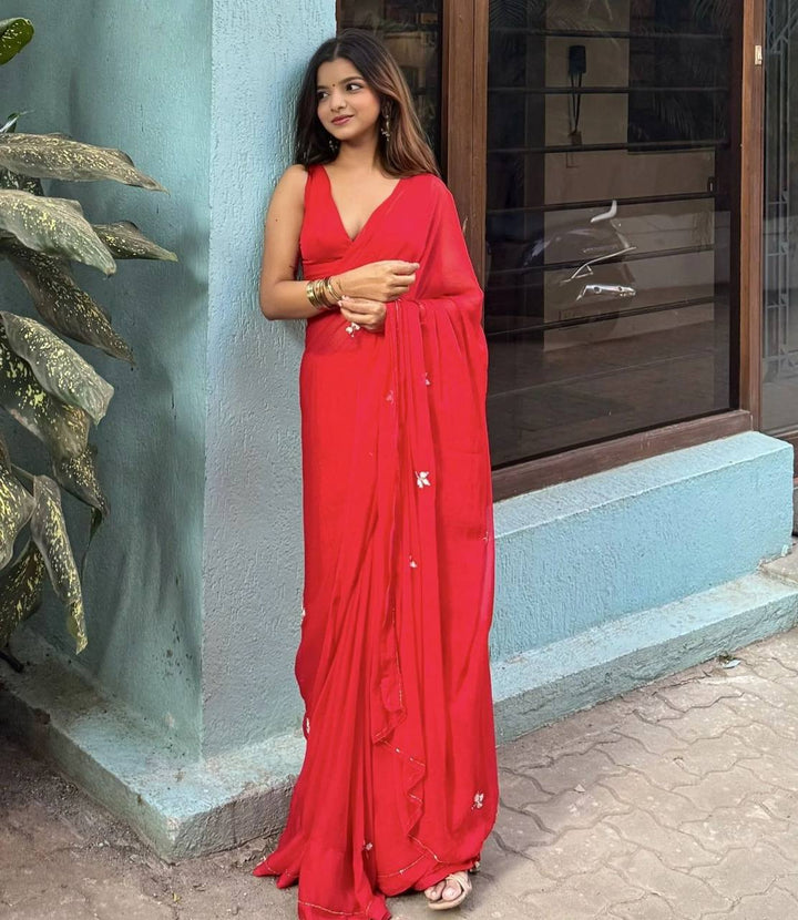 ResellerMart Vibrant Lightweight Red Saree | Designer Bollywood Style Drape