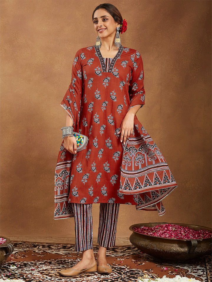 ResellerMart Women's Rust Pure Cotton Floral Printed Straight Kurta Set