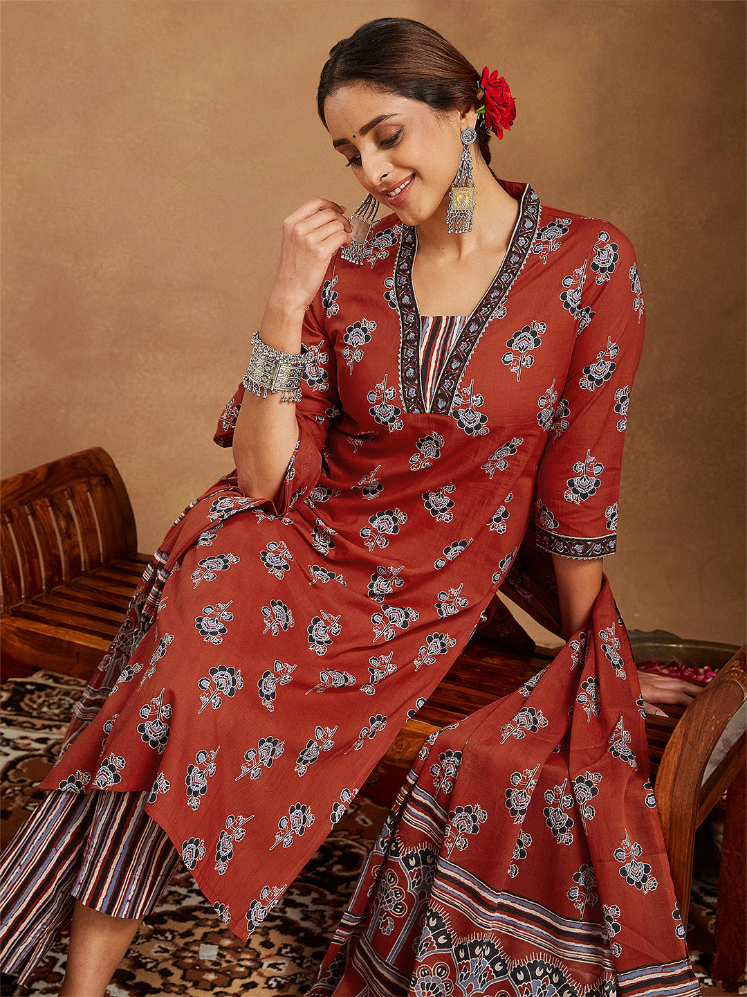ResellerMart Women's Rust Pure Cotton Floral Printed Straight Kurta Set