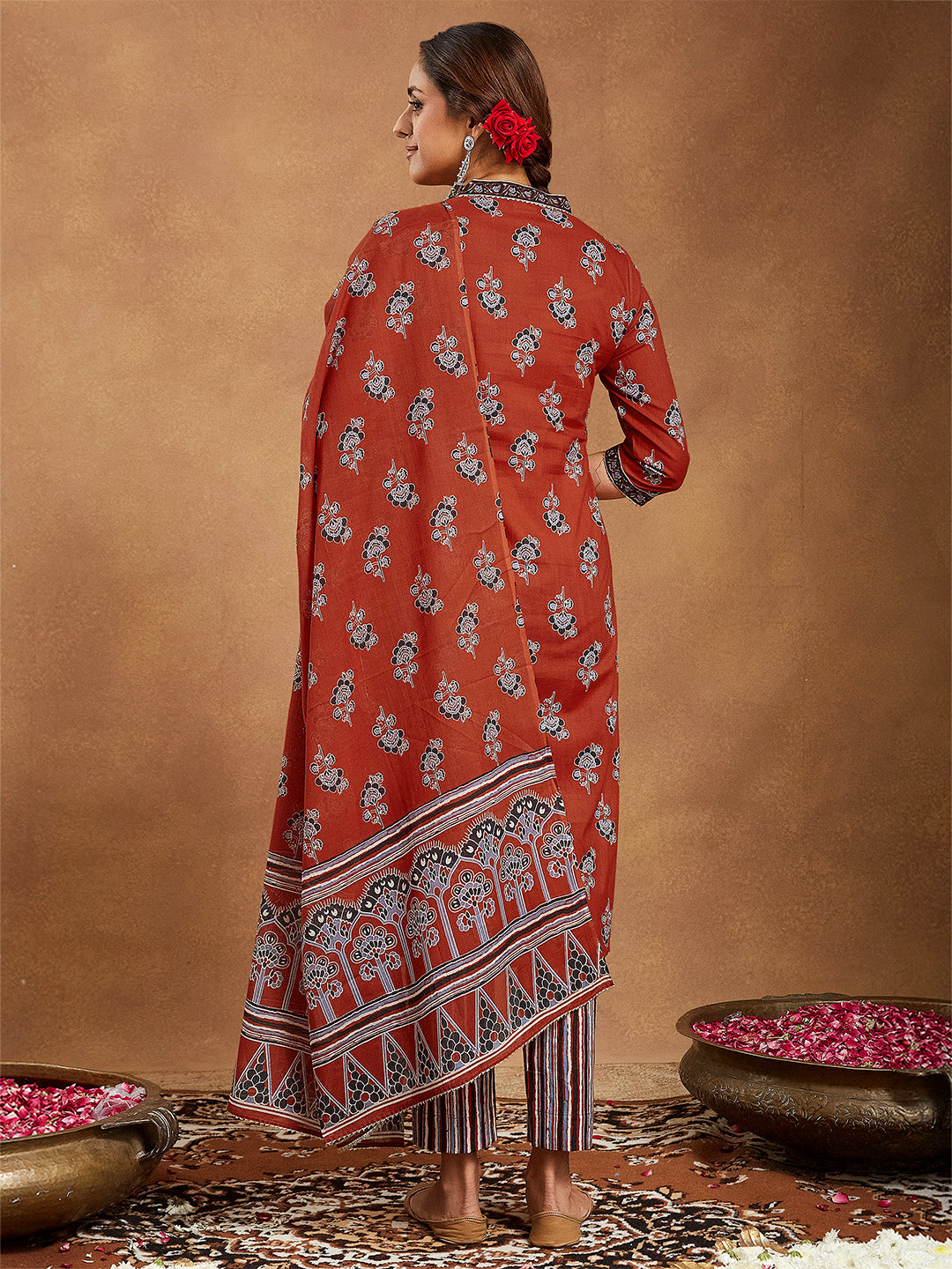 ResellerMart Women's Rust Pure Cotton Floral Printed Straight Kurta Set